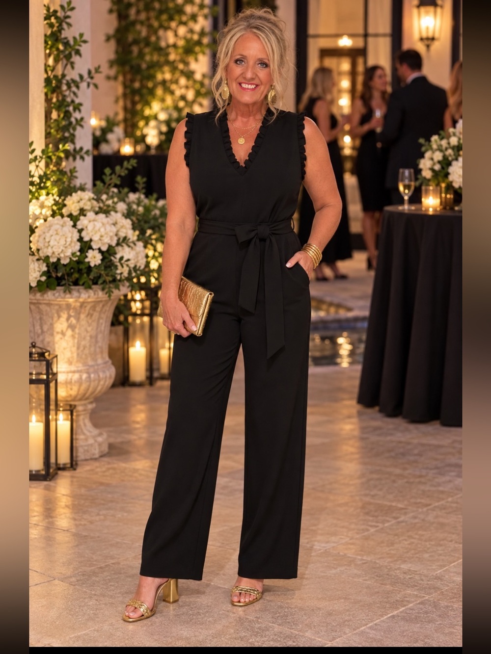 Calvin Klein Black Sleeveless V-Neck Tie-Waist Jumpsuit Medium NWOT